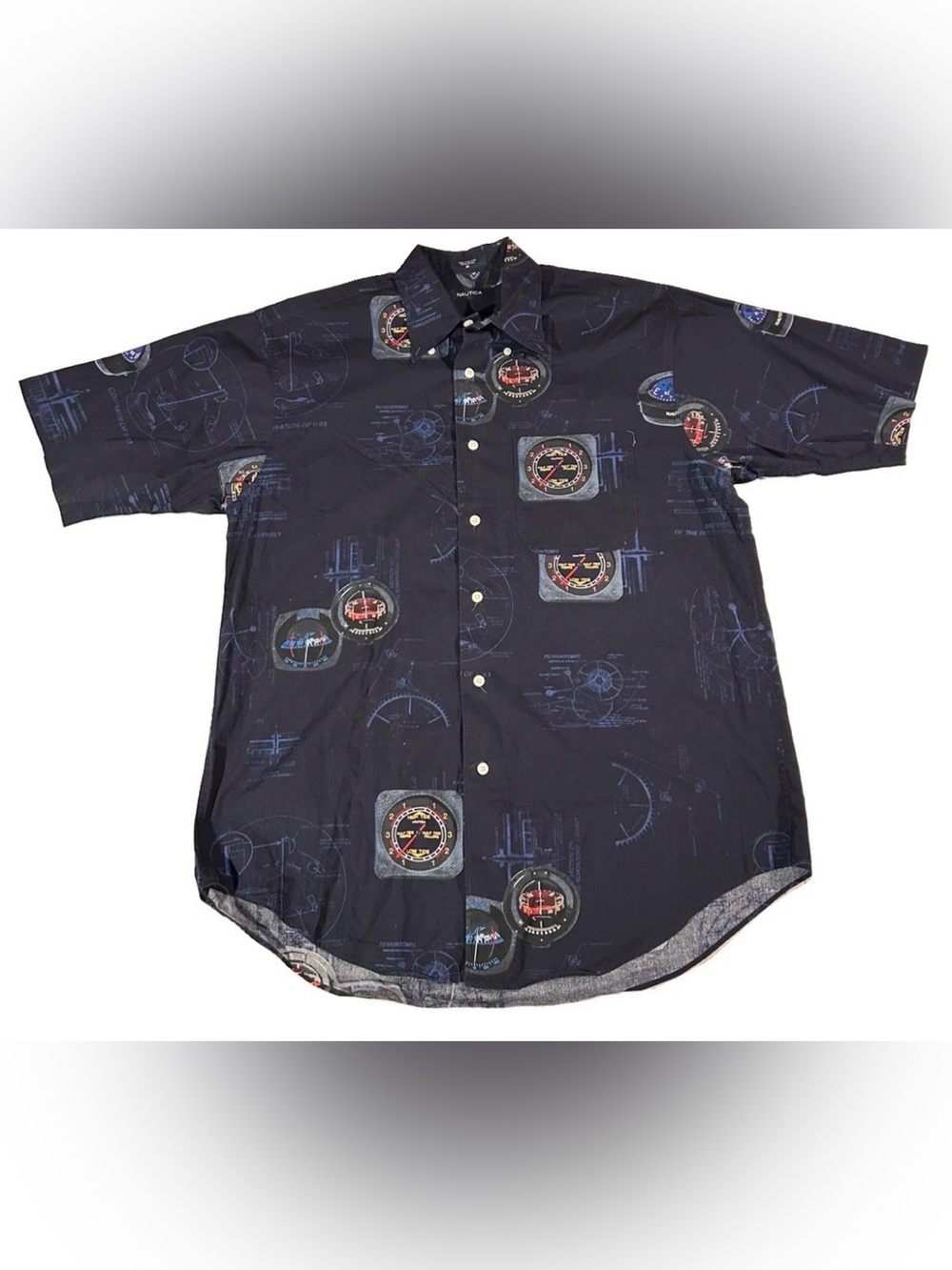Vtg Nautica Button Up Shirt Medium All Over Nautical Instruments Blue Graphic